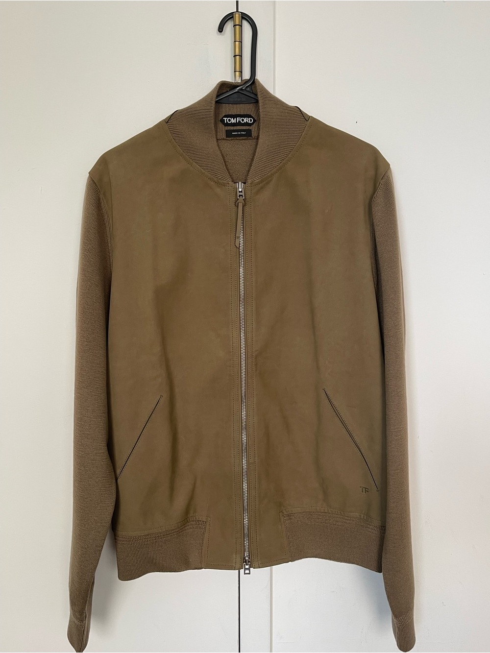 Authentic Tom Ford Khaki Knit-Sleeve/Suede Bomber Jacket Size 50
